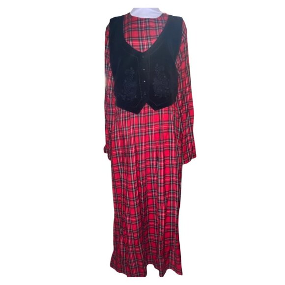 Red Plaid Long Sleeve Christmas Dress With Black Attached Velvet Vest Modest - Picture 3 of 8
